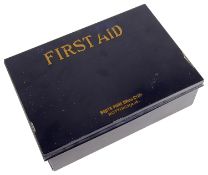 A vintage navy blue Boots 'First Aid' tin