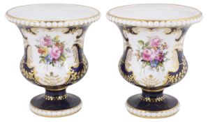A pair of Royal Crown Derby cobalt blue ground vases, circa 1919