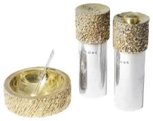 Stuart Leslie Devlin parcel-gilt-silver three piece cruet suite, hallmarked London 1969