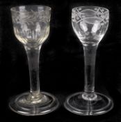Two engraved plain stem wine glasses, mid 18th century