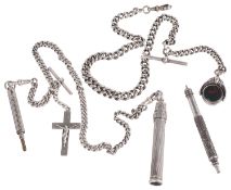 Two Victorian silver watch Albert chains with silver pencil fobs (3)