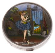 A silver compact with butterfly wing painted decoration, hallmarked 1929