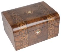 A Victorian walnut and marquetry inlay dressing table box