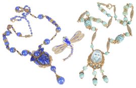 Two Art Deco Egyptian revival Czech glass bead pendant necklaces