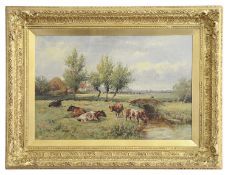 Charles Clayton 'Highland cattle near a stream' oil on canvas