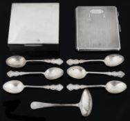 Edwardian and later silver flatware, cigarette box, cigarette case