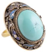 A large Chinese yellow metal cloisonné and turquoise set dress ring