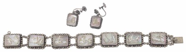Early 20th century Continental carved abalone shell bracelet and earrings