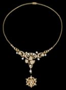 Vict. diamond and pearl set scroll pendant necklace