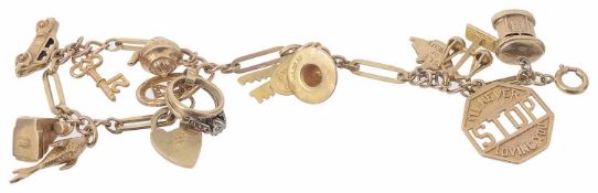 A 9ct gold fancy link charm bracelet with heart padlock fastening