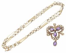 Edwardian style amethyst and seed pearl pendant brooch