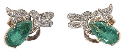 Fine Continental emerald and diamond ear clips of foliate scroll form
