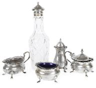 A George V four piece silver cruet suite, hallmarked Birmingham 1916