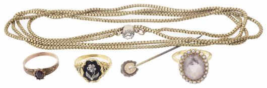 A Georgian enamel and rose diamond mourning ring and others