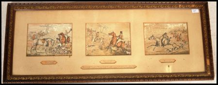 An early 20th century three panel print of hunting