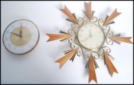 Two vintage mid 20th century retro wall clocks one