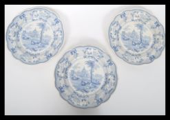A set of three 19th century blue and white ceramic transfer printed Surseya Ghatt Khanpore plates of