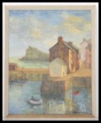 A vintage retro 20th century framed oil on board Harbour scene painting by J. I. Armstrong