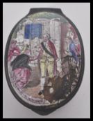 An 18th century Georgian Bilston enamel pill box pot depicting Margaret Nicholson's attempted murder