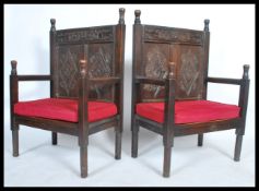 A pair of Jacobean revival hall chairs, drop in seats with 18th century panel backs with lozenge