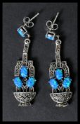 A pair of sterling silver and opal marcasite drop earrings in the Art Deco style. Weighs 9. 7