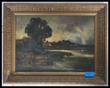 English School 19th century oil painting on canvas of a river landscape with church and village to