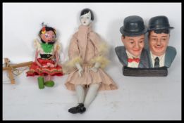 Laurel and Hardy ceramic bust, 1920s style doll with ceramic parts and puppet. Highest measures 55