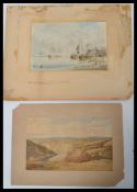A 19th century watercolour painting of man o'war naval ships , cutter and sailing barges at dock