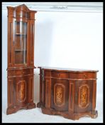 An antique style Italian marquetry inlaid mahogany bow front corner cabinet. The base with