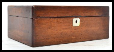 A 19th century ladies work sewing box having an inset mother of pearl cartouche to lid. The hinged