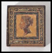 A 19th century Victorian mahogany stamp box having tunbridge inlay with a micro mosaic pictorial