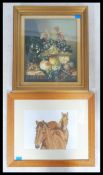 A framed and glazed watercolour painting of two horses titled ' Double Trouble ' signed Marie
