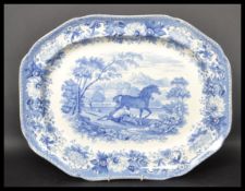 A 19th century Victorian blue and white meat plate / platter by Late Spode depicting Asop's Fable of