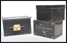 A stack of 3 19th century Victorian deed boxes, each of metal form with ebonised finish. Complete