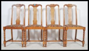 A 1920's set of 4 Edwardian oak Queen Anne Revival  barleytwist legs united by h-stretchers having