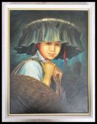 A retro 20th century portrait study oil on board painting of a Chinese lady wearing a straw weaved