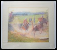 Michael Coote. A pastel steeplechase painting of horses going over water jump, signed to corner.