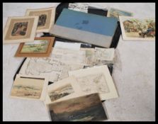 A portfolio of 19th and 20th century unframed artwork to include etchings, maps, watercolours etc