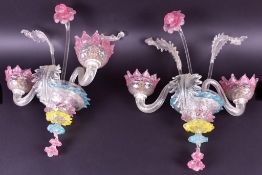 A pair of early 20th century highly ornate Murano iridescent pink glass twin sconce wall lights with