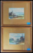 A pair of early 20th century framed and glazed watercolour paintings of cattle amongst a rural