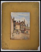 A 19th century watercolour painting of a period street scene depicting cobbled streets and
