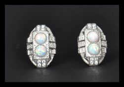 A pair of silver marcasite and opal panel earrings in the art deco style. Complete in presentation