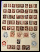 Stamps; 1d PENNY BLACK with light red cancel on old album page along with 1d Penny Reds (45).