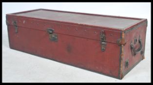An early 20th century motoring  car trunk chest by Brooks. Moroccan red British Patent leather and