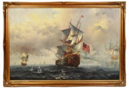 20TH CENTURY OIL PAINTING OF THE BATTLE OF TRAFALGAR