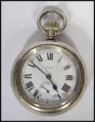 A vintage early 20th century LNER 7929 open faced, keyless wind pocket watch, over stamped three