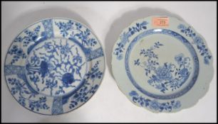 Two 18th century Chinese blue and white cabinet plates having hand painted blue and white decoration