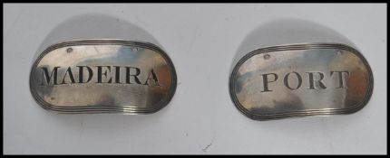 2 silver 18th century hallmarked decanter labels in the thread pattern with notation ofr Port and