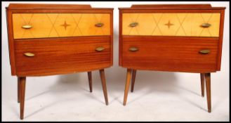 A pair of mid century retro chest of drawers. Each raised on ebonised dansette style legs with a