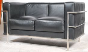 After Le Corbusier - An 'LC2 ' type black vinyl leather and chrome 2 seat sofa settee. The